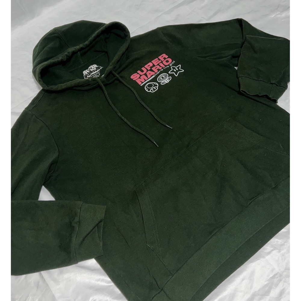 Super Mario Graphic Hoodie Sweatshirt Mens L Forrest Green Solid Pullover Soft